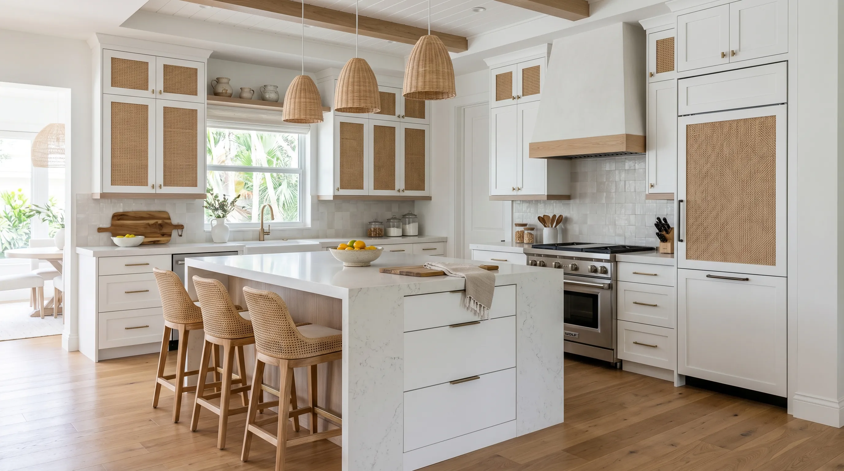 Modern Delray Beach kitchen remodel with waterfall island and coordinated cabinet finishes